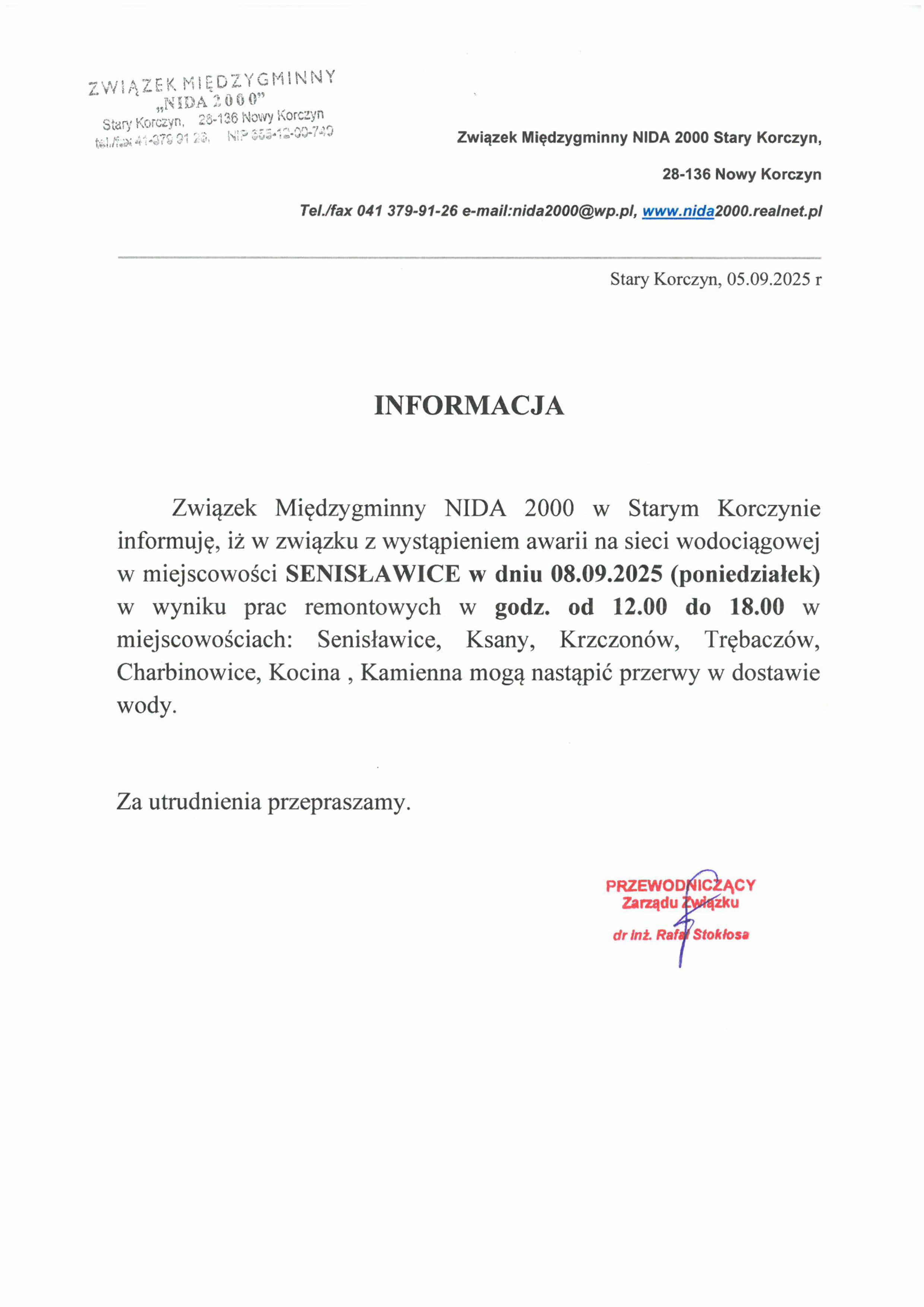 Przerwie w&nbsp;dostawie wody w&nbsp;miejscowościach Senisławice, Ksany, Krzczon&oacute;w, Trębacz&oacute;w, Charbinowice, Kocina, Kamienna .