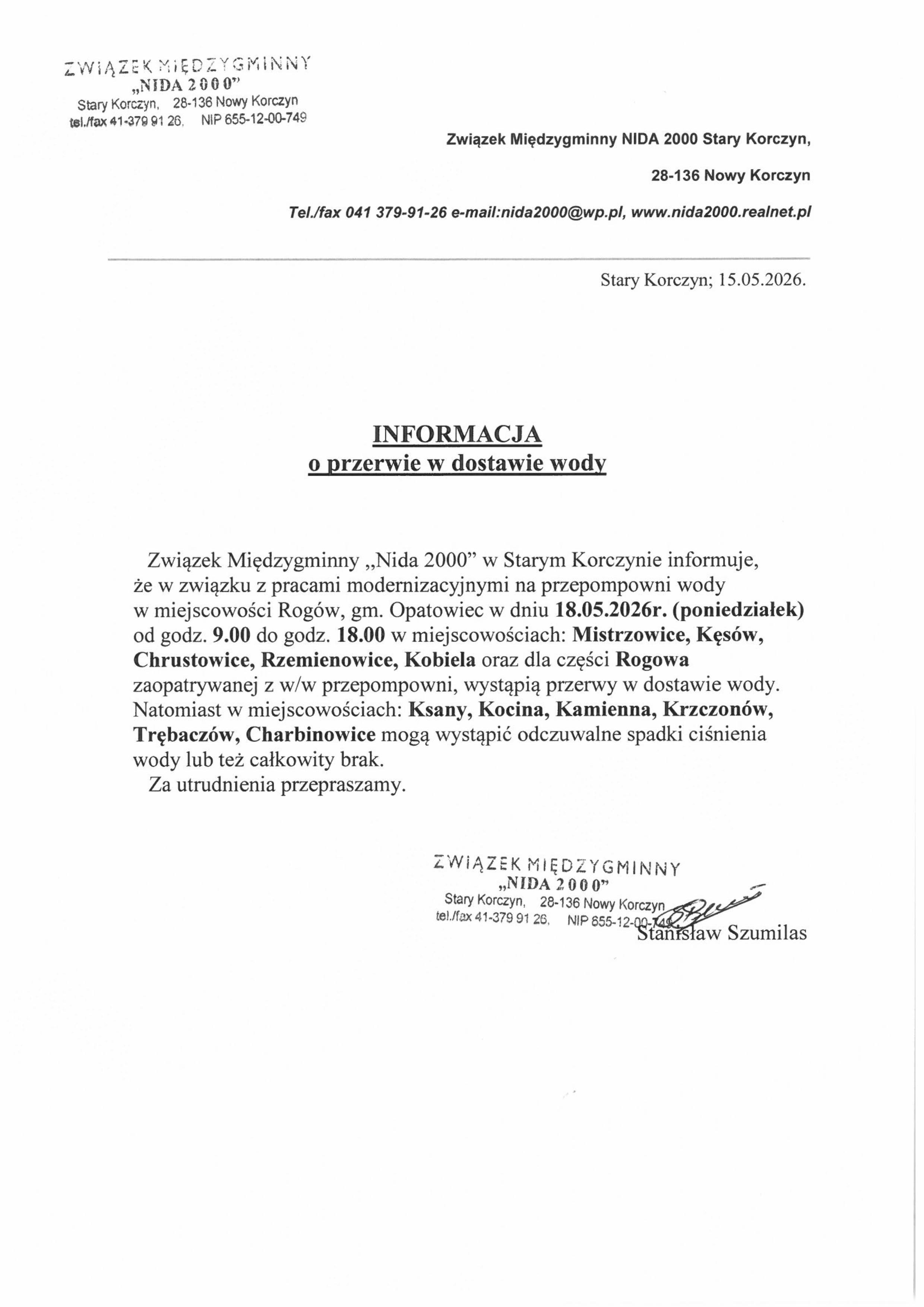 Przerwa w&nbsp;dostawie wody w&nbsp;miejscowościach: Mistrzowice, Kęs&oacute;w, Chrustowice, Rzemienowice, Kobiela, Rog&oacute;w, Ksany, Kocina, Kamienna, Krzczon&oacute;w, Trębacz&oacute;w, Charbinowice, gm. Opatowiec.