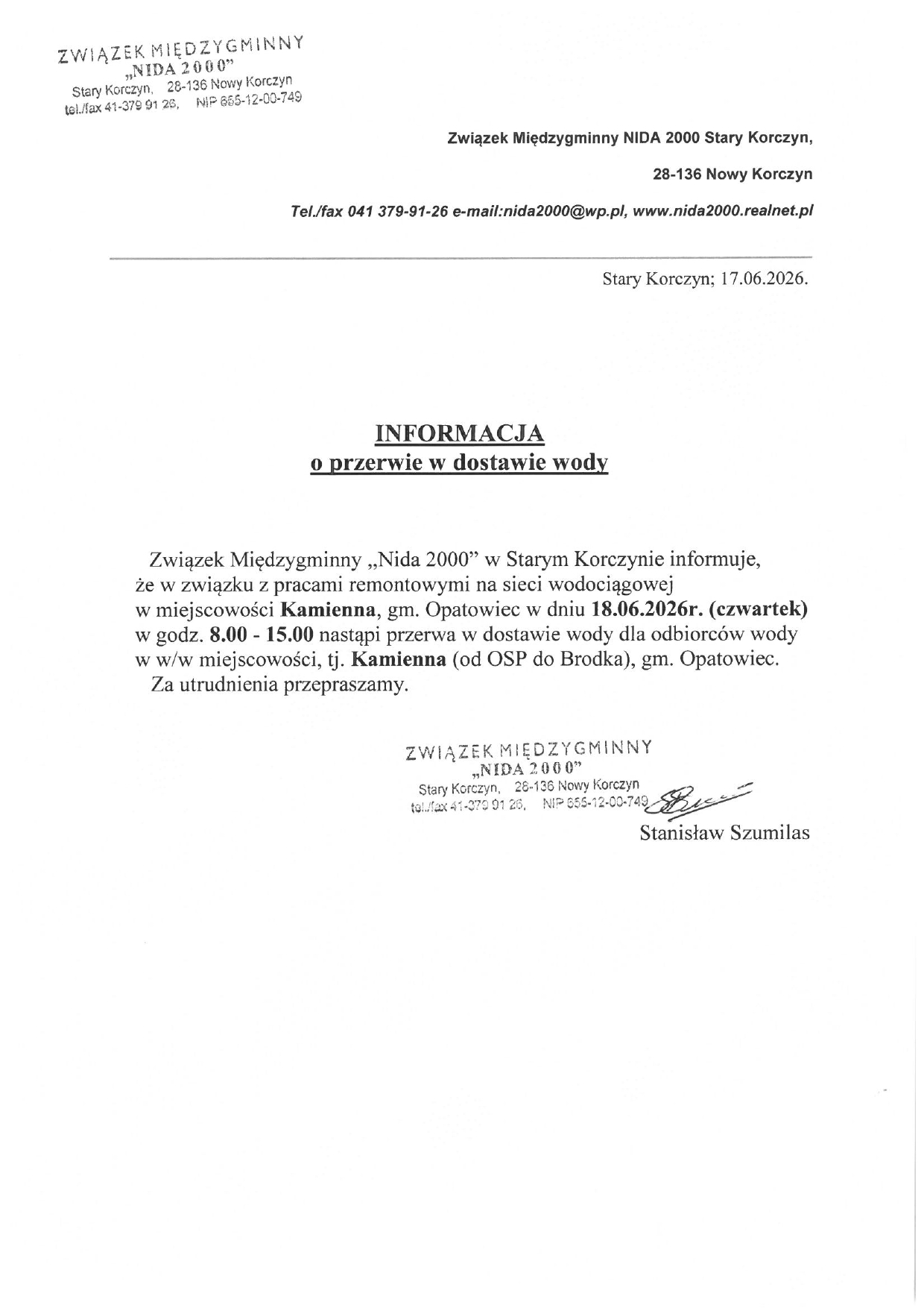 Przerwa w&nbsp;dostawie wody w&nbsp;miejscowości Kamienna (Brodek), gm. Opatowiec.
