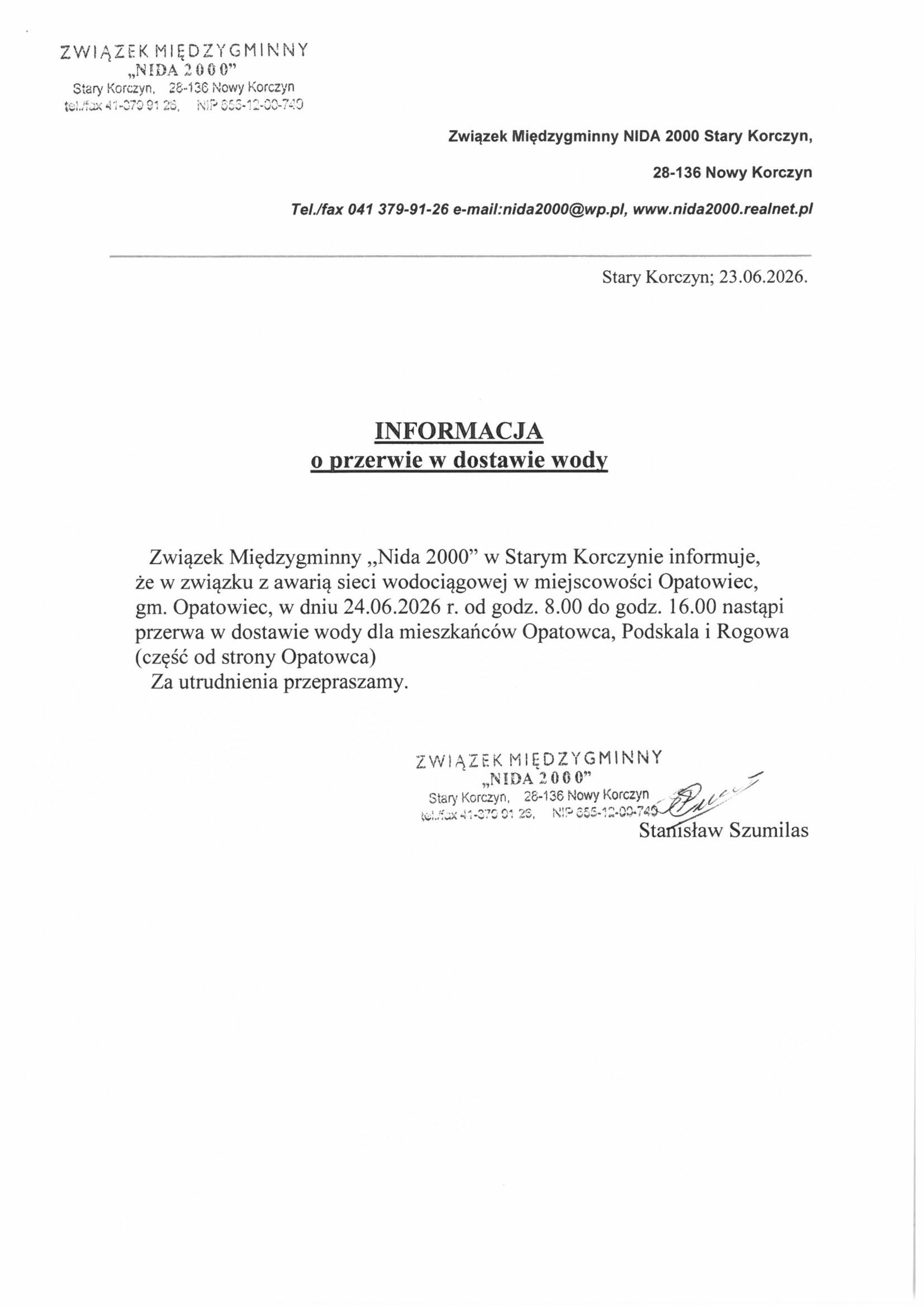 Przerwa w&nbsp;dostawie wody dla mieszkańc&oacute;w miejscowości Opatowiec, Podskale, Rog&oacute;w, gm. Opatowiec