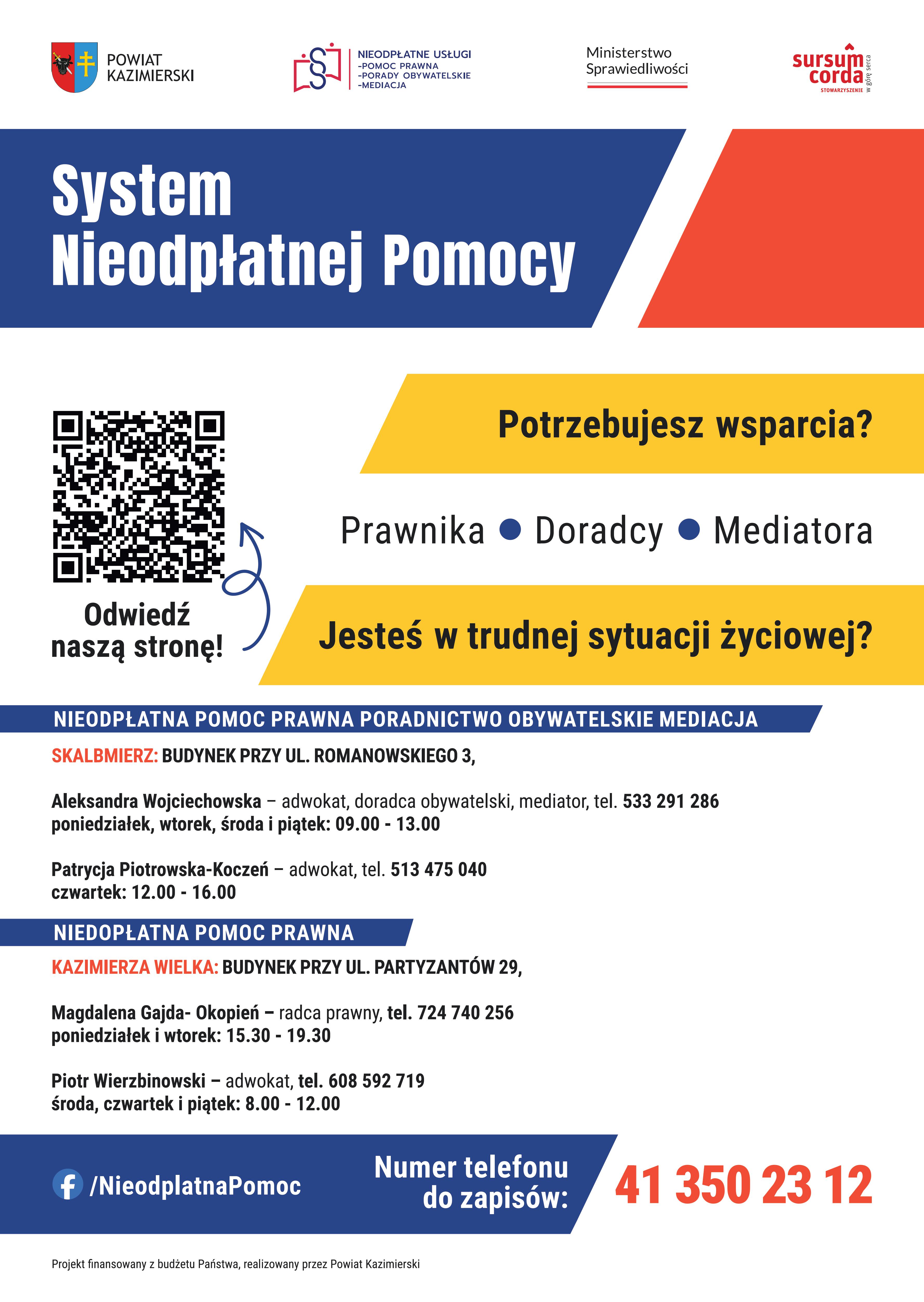 Szukasz pomocy lub&nbsp;wsparcia prawnego w&nbsp;trudnej sprawie? Nie stać Cię na&nbsp;skorzystanie z&nbsp;usług kancelarii prawnej i&nbsp;nie masz się do kogo zwr&oacute;cić o&nbsp;pomoc? Zapraszamy do korzystania z&nbsp;punkt&oacute;w nieodpłatnej pomocy prawnej i&nbsp;poradnictwa obywatelskiego na&nbsp;terenie Powiatu Kazimierskiego.  Znajdziesz tam profesjonalną i&nbsp;darmową pomoc radc&oacute;w prawnych, adwokat&oacute;w, mediator&oacute;w oraz&nbsp;os&oacute;b zajmujących się poradnictwem obywatelskim. Pomoc świadczona jest na&nbsp;podstawie ustawy z&nbsp;dnia 5 sierpnia 2015 roku o&nbsp;nieodpłatnej pomocy prawnej, nieodpłatnym poradnictwie obywatelskim oraz&nbsp;edukacji prawnej.