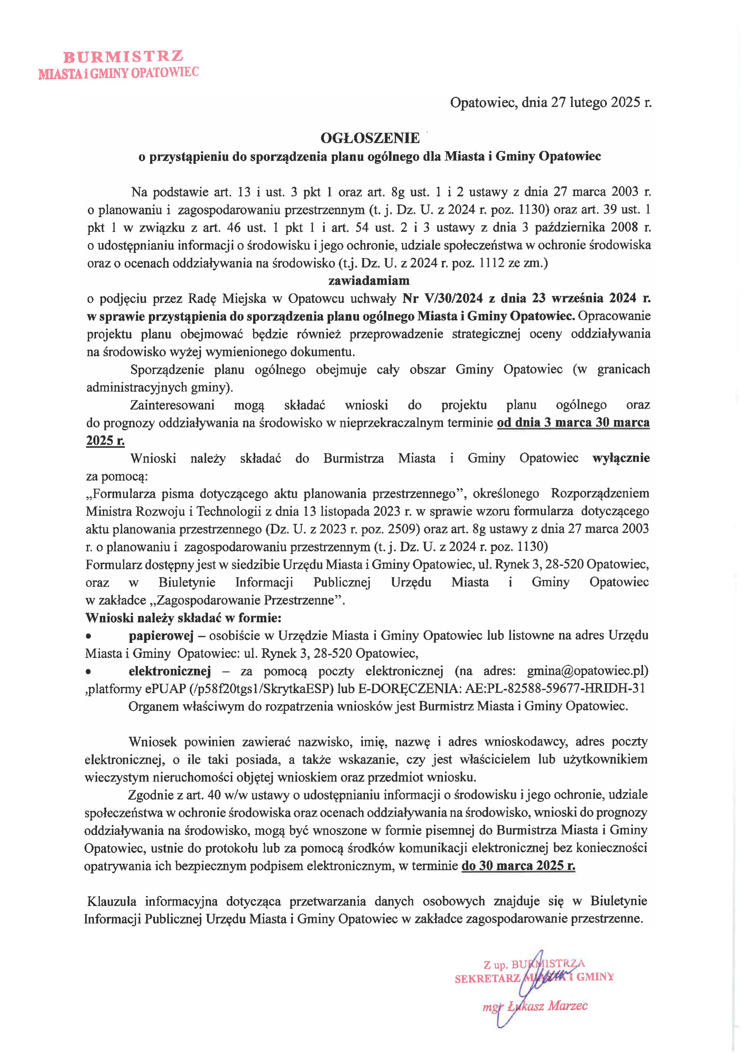 Ogłoszenie o&nbsp;przystąpieniu do sporządzenia planu og&oacute;lnego dla Miasta i&nbsp;Gminy Opatowiec