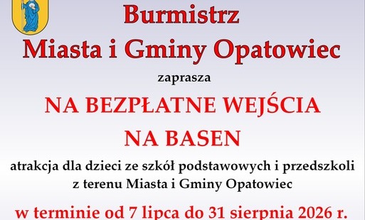 Zaproszenie – bezpłatne wejścia na basen dzieci ze szkół podstawowych i przedszkoli z terenu Miasta i Gminy Opatowiec