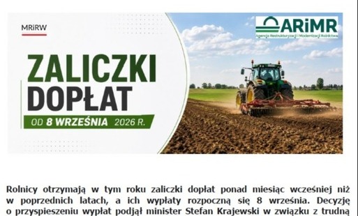 Zaliczki dopłat 2026 od 8 września 2026 r.